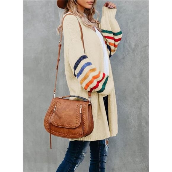 NEW Women's Long Open Front Cardigans Striped Color Block Loose Knit Sweaters - Picture 3 of 4